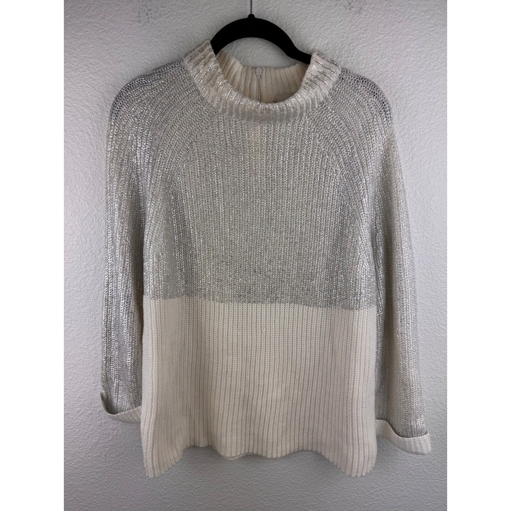 Chicos Metallic Knit Sweater‎ Mock Neck Mixed Foil Cream Silver Size 1 M